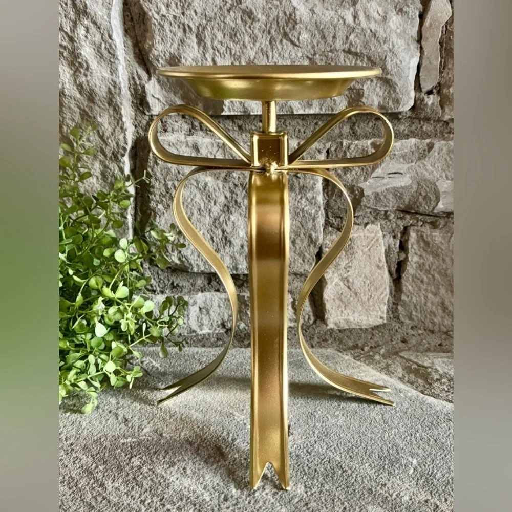 New Gold Bow Holiday Birthday Metal Pillar Candle Holder Home Decor - 8”